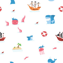 Cute Pirate elements Seamless Pattern. Cartoon items Pirate and objects. background. Vector illustration