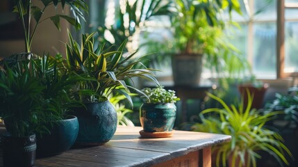 Tropical Houseplants for Trendy Home Decor. Urban Jungle with Philodendron and Chinese Evergreen in Flower Pots on Wooden Tables for Indoor Living Room Interior