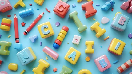 Itty Bitty Alphabet Blocks and Crayons Arranged on a Vibrant Background, Hand Edited Generative AI