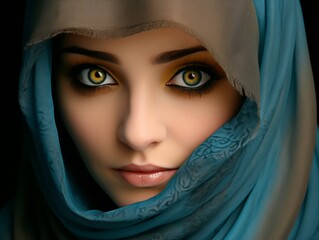 Naklejka premium A woman with a blue scarf covering her face