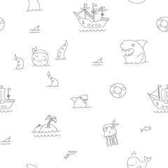 Cute Pirate elements Seamless Pattern. Cartoon items Pirate and objects. background. Vector illustration