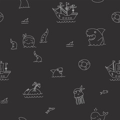 Cute Pirate elements Seamless Pattern. Cartoon items Pirate and objects. background. Vector illustration
