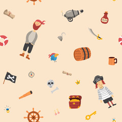 Cute Pirate elements Seamless Pattern. Cartoon items Pirate and objects. background. Vector illustration