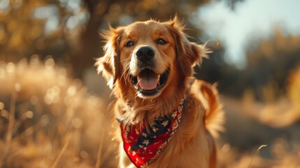 A cheerful golden retriever wagging its tail and wearing a bandana, embodying the loyal and affectionate nature of beloved canine friends. - obrazy, fototapety, plakaty