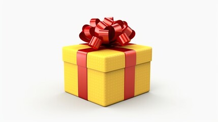 Obraz premium Realistic yellow gift box with red bow and ribbon isolated on white background.