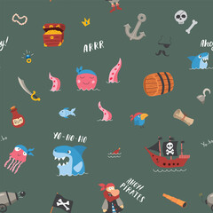 Cute Pirate elements Seamless Pattern. Cartoon items Pirate and objects. background. Vector illustration