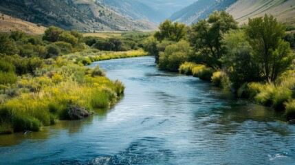 Fototapeta premium A clean and pristine river flowing through a picturesque landscape, emphasizing the need to protect and conserve freshwater resources.