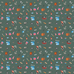 Cute Pirate elements Seamless Pattern. Cartoon items Pirate and objects. background. Vector illustration