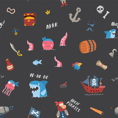 Cute Pirate elements Seamless Pattern. Cartoon items Pirate and objects. background. Vector illustration
