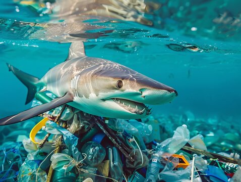 A shark entangled in plastic waste, a powerful image to discuss environmental issues and the impact of human waste on marine life