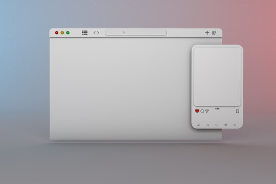 Instagram frame post and windows. 3D window browser and frame social network interface. Instagram mockup interface