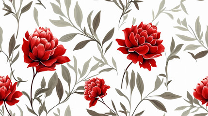 Red Peonies and leaves seamless wallpaper with a white background. endless decorative texture	