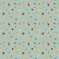 Cute Pirate elements Seamless Pattern. Cartoon items Pirate and objects. background. Vector illustration