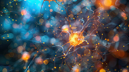 Beautifully abstract Neurons' close-up, synapses and axons conveying electrical signals, illustrating signal transport concept - obrazy, fototapety, plakaty