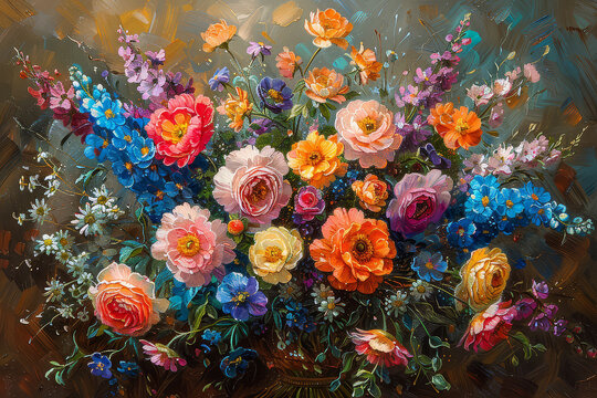 Illustration of decorative colorful floral flowers bouquet in the style of painting on canvas. AI Generative.