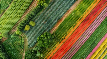 A drone aerial view of colorful flower fields in bloom, showcasing the vibrant beauty and biodiversity of agricultural landscapes.