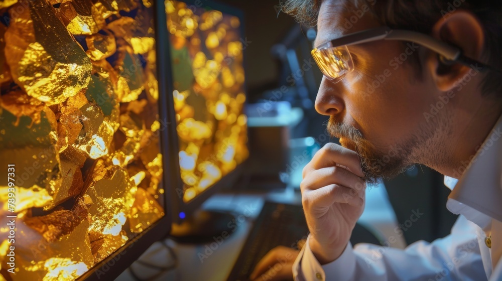 Poster a financial analyst analyzing a gold price graph on a computer screen, examining data and making inf