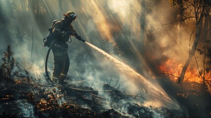 A firefighter battling flames with a hose amidst smoke and ash, highlighting the bravery and dedication of those who combat forest fires. - obrazy, fototapety, plakaty
