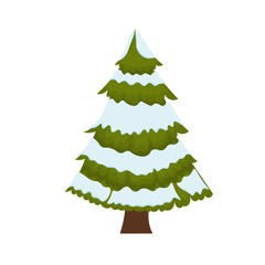 New Years and xmas traditional symbol winter tree in snow and clean. Christmas set of green trees isolated on white background. Cartoon style. Vector illustration