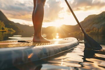 Close up of a woman's legs standing on a paddleboard with a blue oar in lake at sunrise, the warm sunlight over the calm water and creating a serene atmosphere with mountains visible in the background - Powered by Adobe