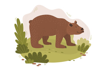Cartoon brown bear in a forest clearing. Funny forest animal vector illustration. Picture for the design of a children's card, clothes, room, poster.