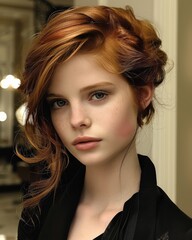 Fototapeta premium A woman with a short brown bob and red highlights