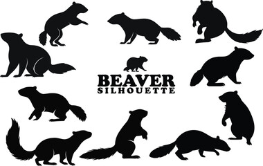Beaver silhouette collection. Set of black Beaver silhouette. Beaver silhouette set.