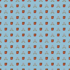 Treasure chest, Skull and crossed swords Seamless Pattern. Cartoon Pirate elements and objects. background. Vector illustration