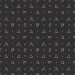 Treasure chest, Skull and crossed swords Seamless Pattern. Cartoon Pirate elements and objects. background. Vector illustration