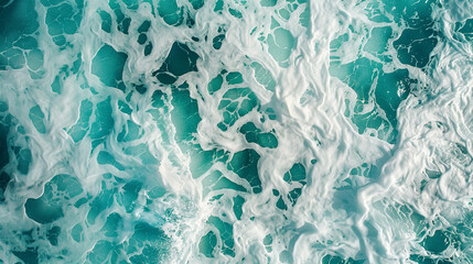 An artistic depiction of of a lively turquoise sea with foam creating abstract and swirling patterns on the water. as seen in an image.