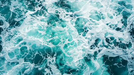 Naklejka premium This portrayal showcases of a lively turquoise sea with foam creating abstract and swirling patterns on the water. in a stunning visual representation.