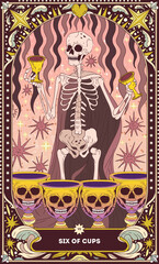 Six of Cups A tarot card in bohemian tones in a modern style in the form of a skeleton. Modern map illustration, minimalistic cartoon skeleton, simple vector drawing