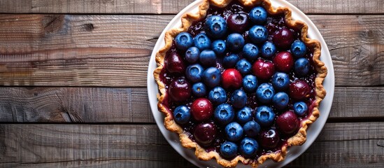Cherry pie topped with blueberries served on a plate against a wooden backdrop. - obrazy, fototapety, plakaty