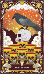 Eight of Cups A tarot card in bohemian tones in a modern style in the form of a skeleton. Modern map illustration, minimalistic cartoon skeleton, simple vector drawing