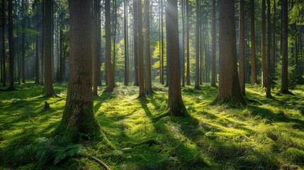 Obraz premium A serene forest landscape with mature trees standing tall, inspiring viewers to join efforts in tree planting for a greener and healthier planet.