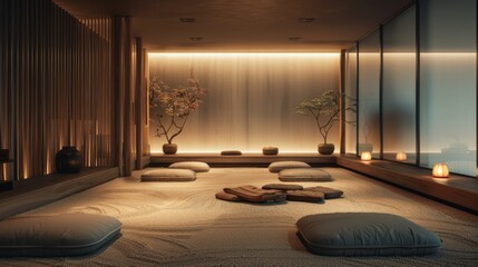 A serene meditation room with soft lighting and comfortable cushions, inviting individuals to retreat and cultivate mindfulness in a tranquil environment.