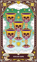 Five of Cups A tarot card in bohemian tones in a modern style in the form of a skeleton. Modern map illustration, minimalistic cartoon skeleton, simple vector drawing