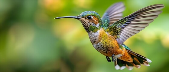 Naklejka premium Elegant Talamanca Hummingbird in Flight - Costa Rica's Natural Beauty. Concept Costa Rica Wildlife, Talamanca Hummingbird, Elegant Flight, Natural Beauty, Bird Photography