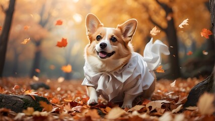 jack russell terrier playing in autumn park, A playful corgi dressed as a ghost, frolicking among the fallen leaves in a whimsical and colorful autumn forest.