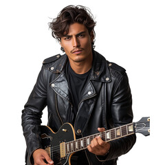 Handsome young guitarist playing electric guitar in leather jacket