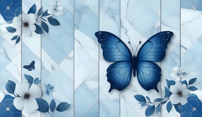 marble background with flower designs and butterfly silhouette, wall decoration in blue tones