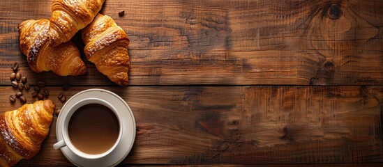 Fresh croissants and coffee displayed on a wooden table, seen from above with space for text.