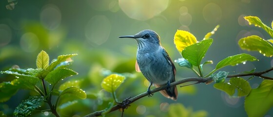 Fototapeta premium Serene Hummingbird in Sunlit Savegre Wilderness. Concept Nature Photography, Wildlife Conservation, Bird Watching, Costa Rican Biodiversity