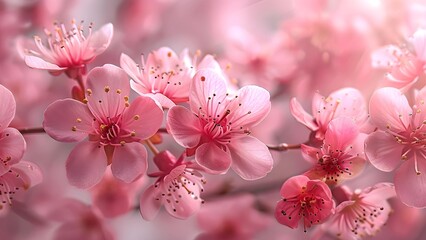 Delicate pink cherry blossoms in full bloom create a soft and enchanting springtime tableau.
