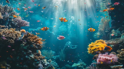 An underwater coral reef teeming with colorful marine life, underscoring the importance of protecting fragile ecosystems and marine biodiversity.