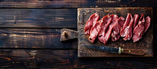 Cutting board with meat and a knife for slicing on the old wooden background with space for text