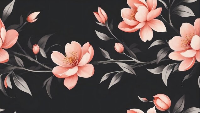 Abstract background of peach flowers on a charcoal background in the style of painting. Beautiful, minimalistic print.