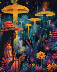 A mystical shaman communing with spirits in a psychedelic forest, Retro illustration with pop colors, classic illustration of a 50s era, vintage & pop background, wallpaper, poster design, banner