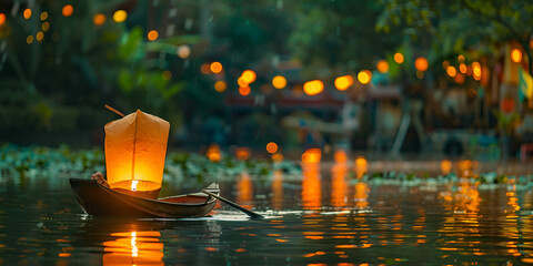 Glowing lanterns floating on calm river octane Ren A boat with floating candles on the water .