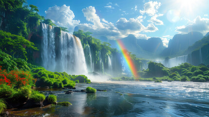 Fototapeta premium The nature of Argentina. Sunny day. View of the Iguas waterfall. A rainbow is visible in the waterfall.